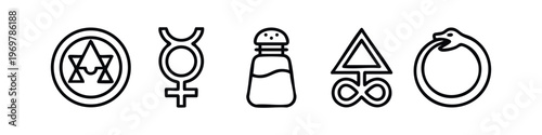 Minimalist line art set of alchemical and ancient symbols, including ouroboros, mercury, and elemental sigils.