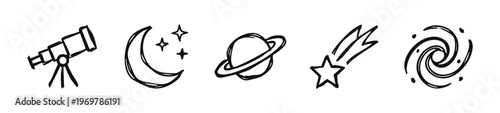 Hand-drawn doodle set of space and astronomy icons, including telescope, moon, planet, shooting star, and galaxy.