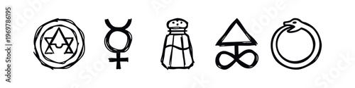 Hand-drawn doodle set of alchemical and ancient symbols, including ouroboros, mercury, and elemental sigils.