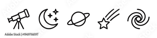 Minimalist line art set of space and astronomy icons, including telescope, moon, planet, shooting star, and galaxy.
