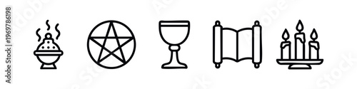 Minimalist line art set of occult, magic and witchcraft symbols, including pentagram, chalice, and ritual items.
