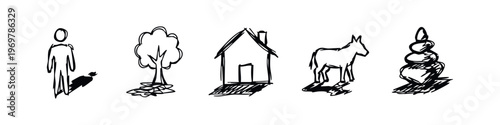Hand Drawn Basic Objects and Living Beings Doodle Icons with Shadows