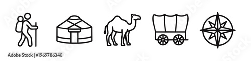 Travel and Exploration Line Icons Set - Hiker, Yurt, Camel, Wagon, Compass Rose
