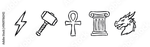 Hand Drawn Mythology and Fantasy Doodles - Lightning, Mjolnir, Ankh, Column, Dragon