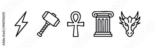 Mythology and Fantasy Outline Icons Set - Lightning, Mjolnir, Ankh, Column, Dragon