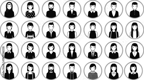 Vector illustration of diverse black‑and‑white avatar portraits in circular frames representing individuality and profiles
