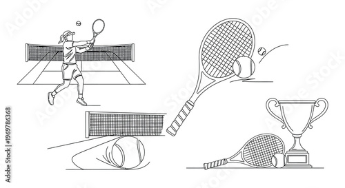 Line drawing of a tennis player equipment and championship trophy