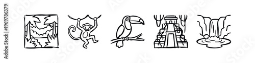 Hand Drawn Jungle and Ancient Civilizations Doodles - Forest, Monkey, Toucan, Temple, Waterfall