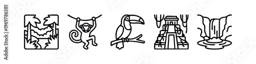 Jungle and Ancient Civilizations Outline Icons Set - Forest, Monkey, Toucan, Temple, Waterfall