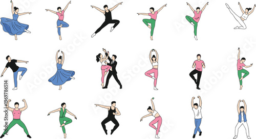 Vector illustration of diverse dancers in colorful outfits performing expressive dance poses and movements