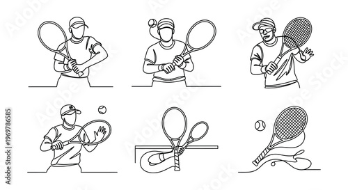 Line drawing of a tennis player equipment and championship trophy