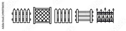 Clean Line Various Fence Types Icons Set