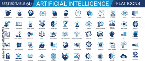 Artificial Intelligence Solid Icon Set. Machine Learning, Robotics, Neural Network, Future, Data, Brain. Editable Vector Illustration Collection Set.