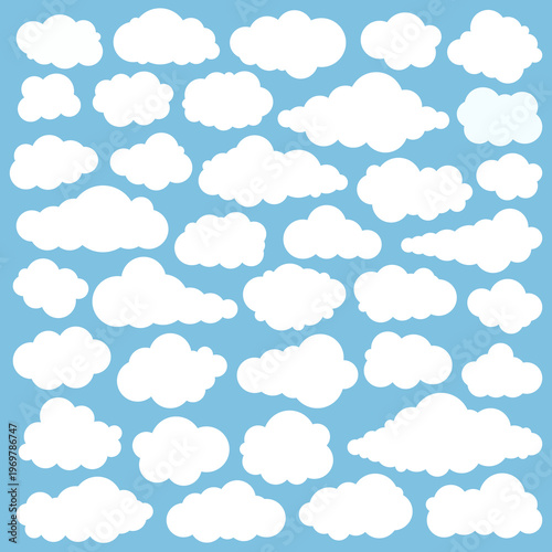 Set of cartoon cloud in a flat design. White cloud collection. Nature sky, cloud pattern, fume or misty fog art. Food smoke, cloud texture and weather element symbol. Blue white cloud icon silhouette.