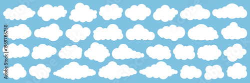 Set of cartoon cloud in a flat design. White cloud collection. Nature sky, cloud pattern, fume or misty fog art. Food smoke, cloud texture and weather element symbol. Blue white cloud icon silhouette.