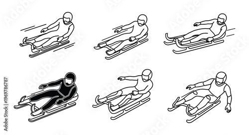 Line art illustration depicting luge athletes in various racing positions