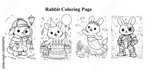 Rabbit Coloring Pages Set - Detective Bunny, Birthday Party Bunny, Mermaid Bunny and Robot Bunny Black and White Line Art
