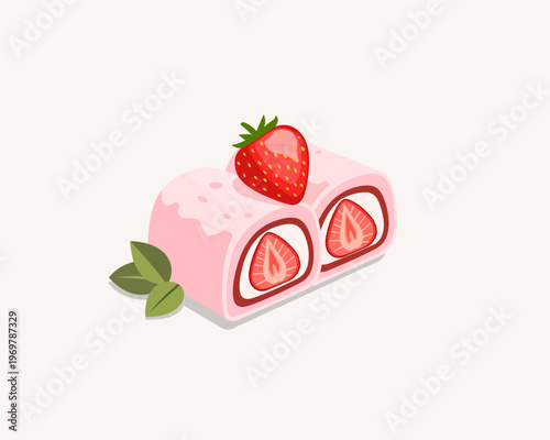 Strawberry Mochi Roll with Fresh Fruit and Red Bean Paste Illustration.
