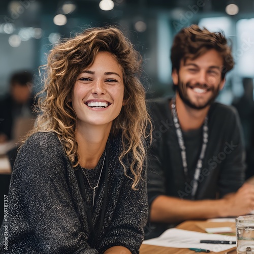 Cheerful Young Professionals Smiling at Camera in Modern Office Environment