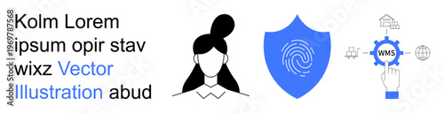 Cybersecurity, identity verification, data privacy, technology, information protection, authentication. Woman head silhouette, shield with fingerprint, and interconnected technology icons