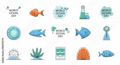 Collection World Ocean Day icons, featuring marine life, oceanic symbols. Set displays fish, lighthouse, buoy, coral, shell, sun rising over waves, embodying World Ocean Day concept.