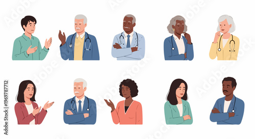 Diverse collection of people avatars presented on clean background. Group features multiethnic men and women, some appearing as doctors, others in business attire. Modern communication design,