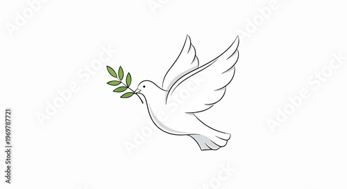 White peace dove flying with green olive branch symbol, representing harmony. Elegant peace dove presents hope, freedom, and spiritual concept.