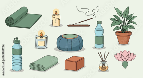 Relaxation vector elements for wellness and yoga, including yoga mat, incense, candles, and potted plant. Peaceful vector collection for meditation and self-care,
