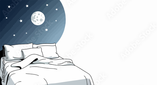 Simple illustration depicting peaceful sleep concept with cozy bed, pillows, blankets under starry night sky. Relaxing sleep concept design features full moon and shimmering stars,