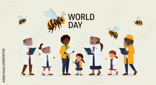 Illustration shows bee conservation, diverse people in beekeeper suits learning about bees. Scene highlights pollinator importance for ecosystem, promoting World Bee Day. Concept bee conservation,