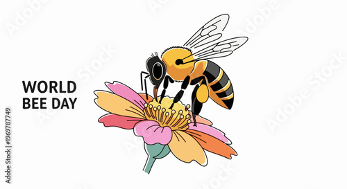 World Bee Day shows bee pollinating colorful flower on white. World Bee Day celebrates bee conservation, underscoring ecosystem importance and environmental awareness.