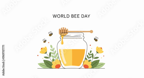 World Bee Day celebration featuring honey jar, flying bees, and blooming yellow flowers. This World Bee Day illustration highlights natural honey production with wooden dipper dripping sweet liquid.