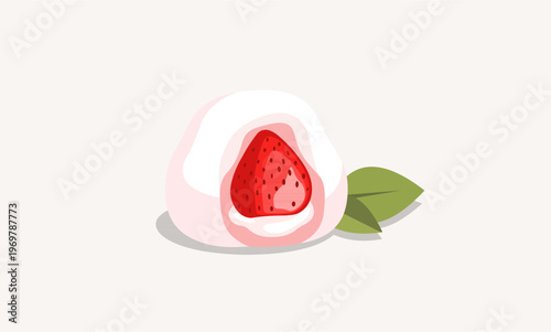 Ichigo Daifuku Illustration, Japanese Strawberry Mochi with Red Bean.