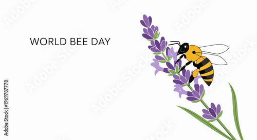 World Bee Day illustration depicts honeybee pollinating purple lavender flower on clean background. World Bee Day promotes awareness for vital role bees play in nature and agriculture.