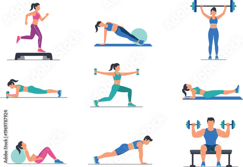 Vector illustration of fitness exercises including strength training, cardio, and core workouts with diverse movements