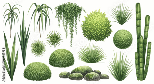 Festive Green and Gold Christmas Ornaments Set. Hand-Drawn Vintage Holiday Decoration Collection. Assorted Glass Baubles and Pinecone Illustrations