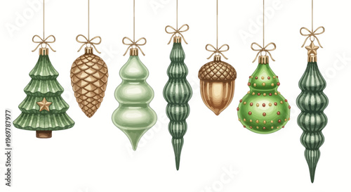 Festive Green and Gold Christmas Ornaments Set. Hand-Drawn Vintage Holiday Decoration Collection. Assorted Glass Baubles and Pinecone Illustrations