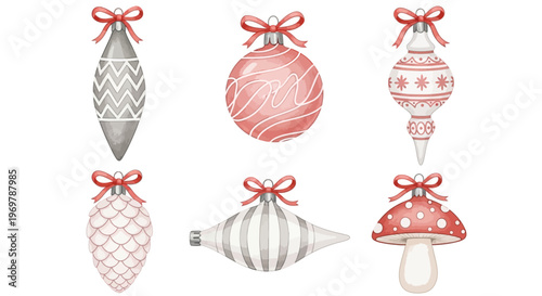 Collection of six whimsical Christmas ornaments, featuring a variety of festive patterns and shapes, perfect for holiday decoration