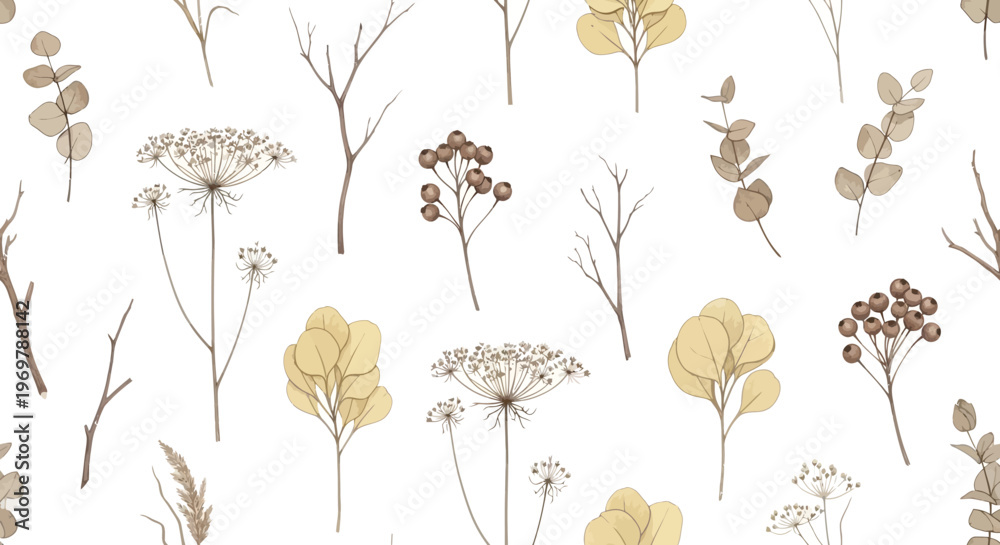 Naklejka premium A seamless pattern of delicate dried flowers and eucalyptus branches in earthy tones, creating a natural and elegant aesthetic for design projects