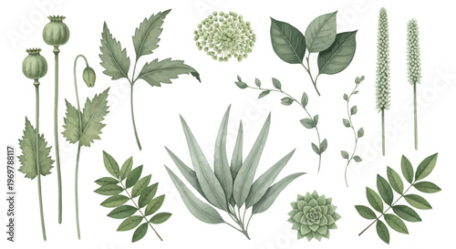 Beautiful compilation of fresh green botanical illustrations, including delicate leaves, branches, and wild plant components, isolated for versatile use