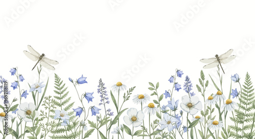 Beautiful illustration of a field of wildflowers with dragonflies, perfect for nature and summer-themed designs