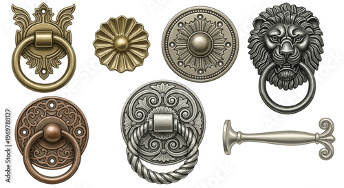 A captivating array of vintage metal door knockers, intricate pulls, and decorative handles, perfect for antique design projects and home decor