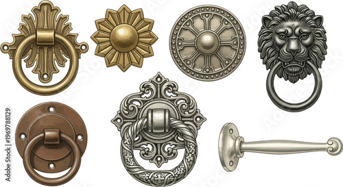 Collection of ornate antique door knockers and decorative hardware