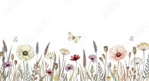 A whimsical watercolor illustration of a meadow teeming with delicate wildflowers and a charming butterfly flitting among the blooms, evoking a sense of gentle spring and summer enchantment