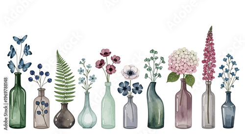 A collection of watercolor illustrations featuring a variety of botanical elements in glass vases