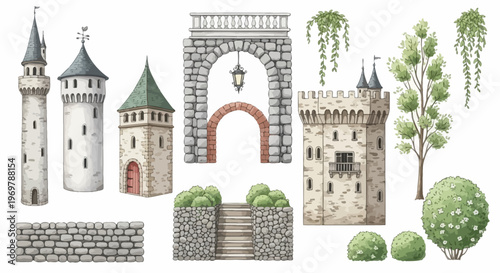 Collection of medieval castle elements including towers, archways, stairs, and greenery, perfect for architectural and historical design
