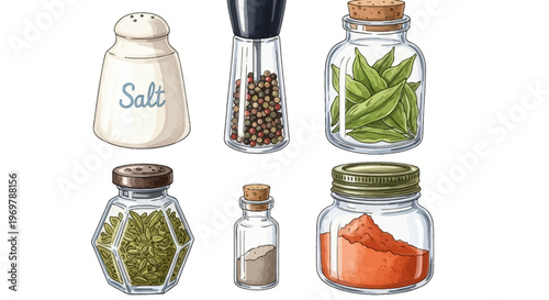 A collection of various spices and seasonings in glass containers for culinary use