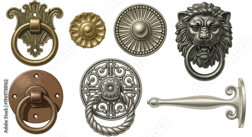 Collection of Ornate Vintage Door Knockers and Pull Handles in Metal Finishes for Architectural Decor and Home Embellishment