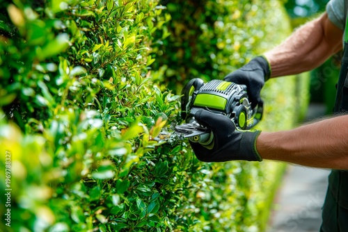 Close up of hedge trimming with electric garden tool