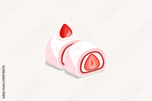 Strawberry Mochi Roll with Fresh Fruit and Red Bean Paste Illustration.